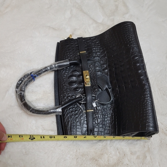 Genuine Leather Croc Embossed Top Handle Designer Style Bag Purse Black New - Picture 8 of 9